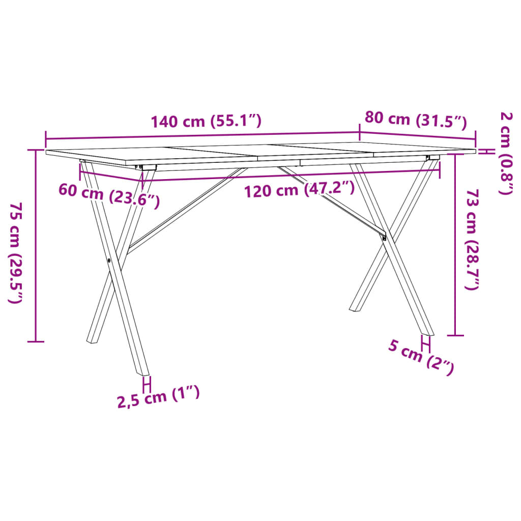 Salongbord Sofabord DIV. X-ramme 140x80x75 cm heltre furu og støpejern