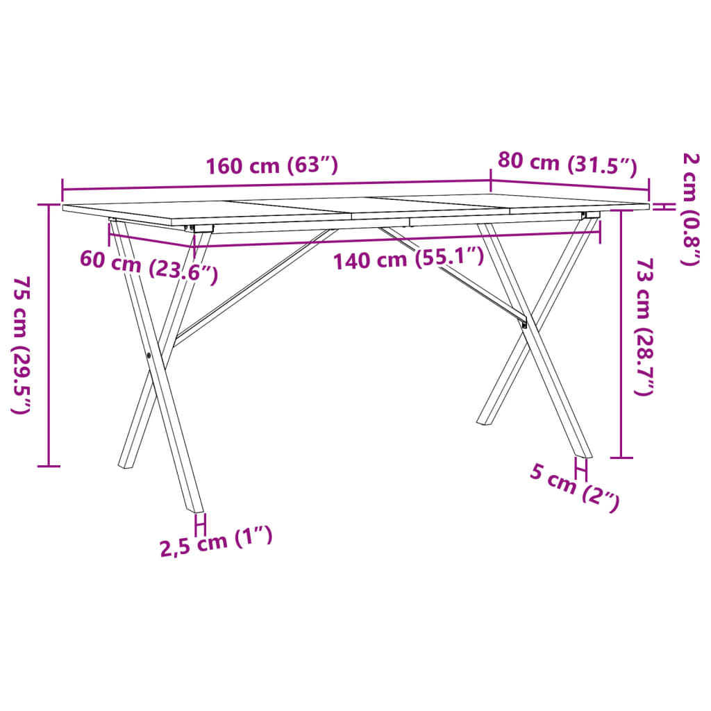 Spisebord Kjøkkenbord X-ramme 160x80x75 cm heltre furu og støpejern