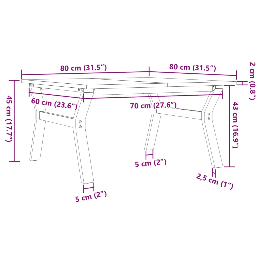 Salongbord Sofabord DIV. Y-ramme 80x80x45 cm heltre furu og støpejern