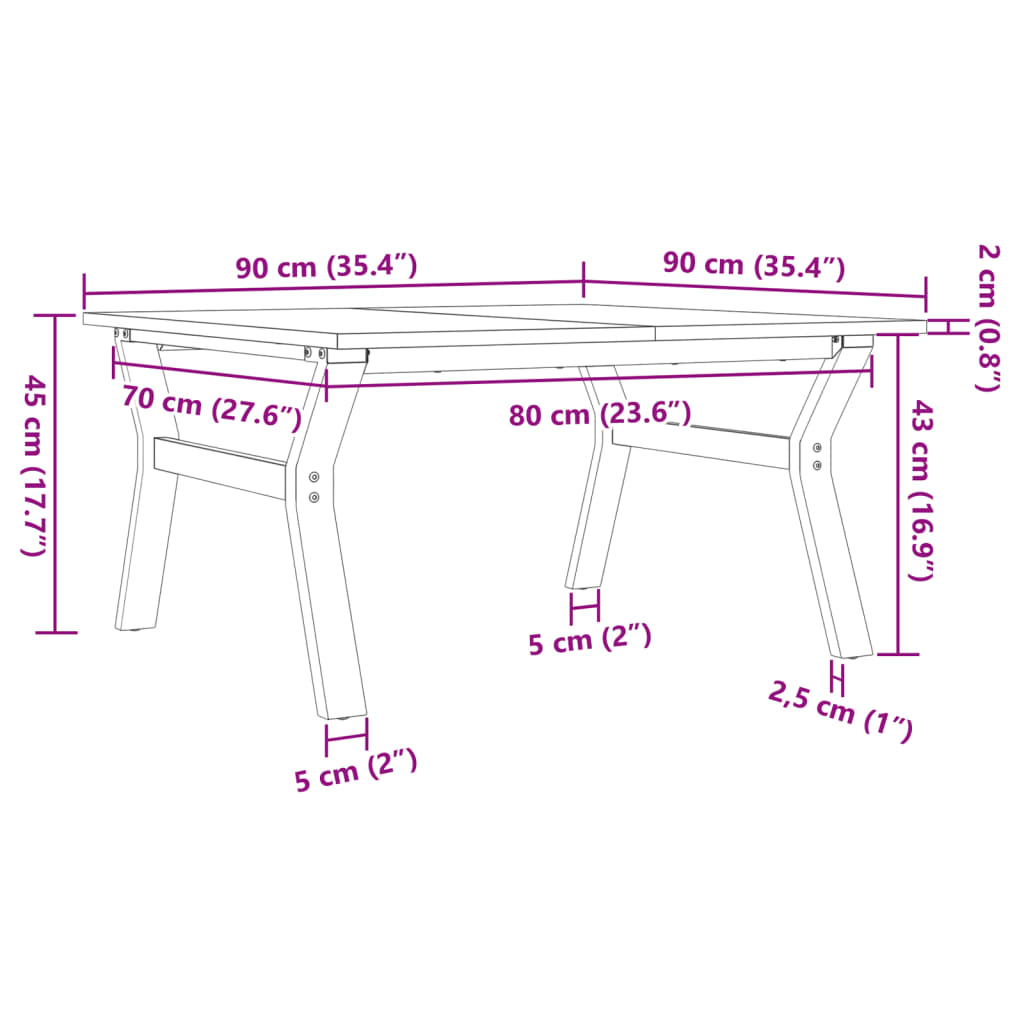 Salongbord Sofabord DIV. Y-ramme 90x90x45 cm heltre furu og støpejern