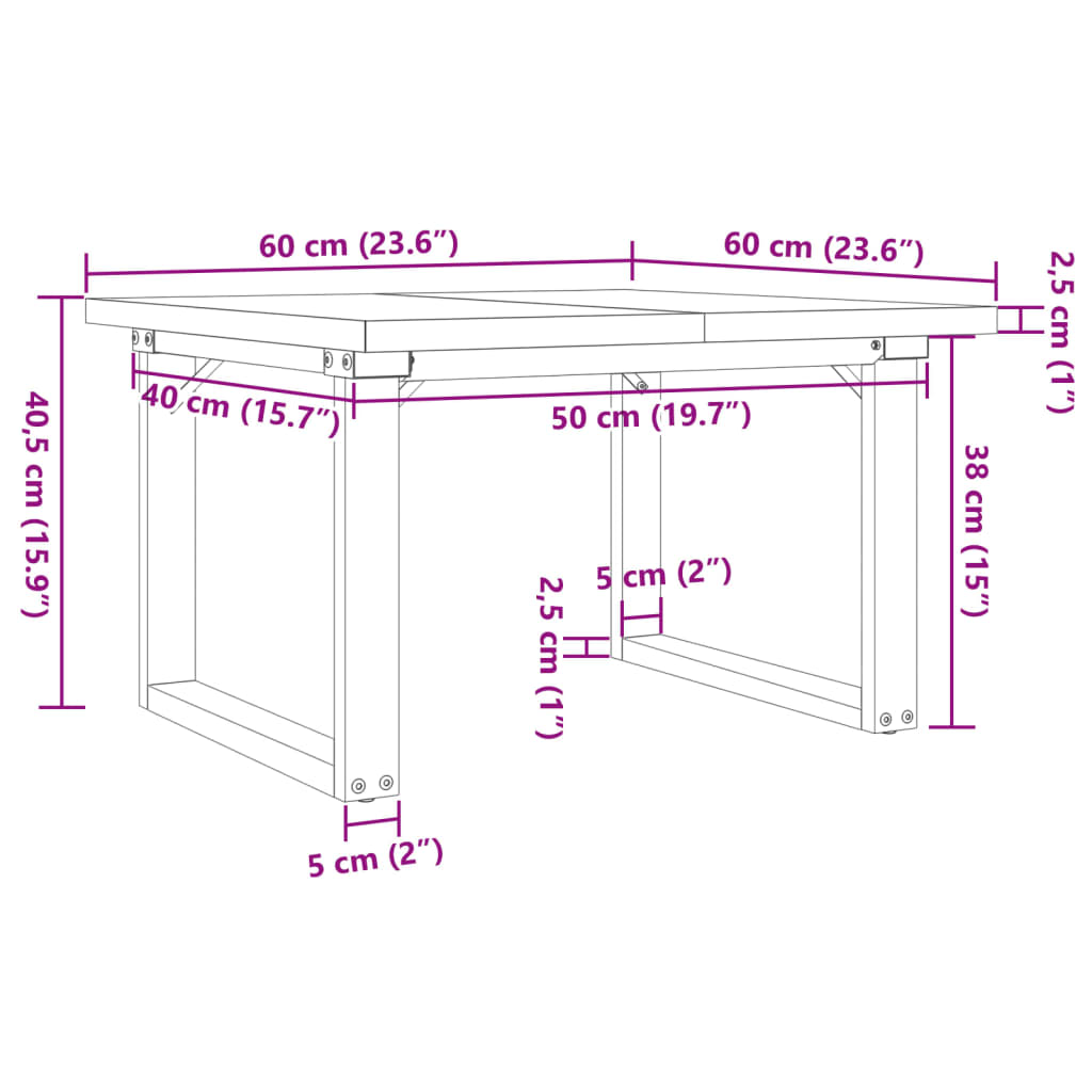Salongbord Sofabord DIV. O-ramme 60x60x40,5 cm heltre furu og støpejern