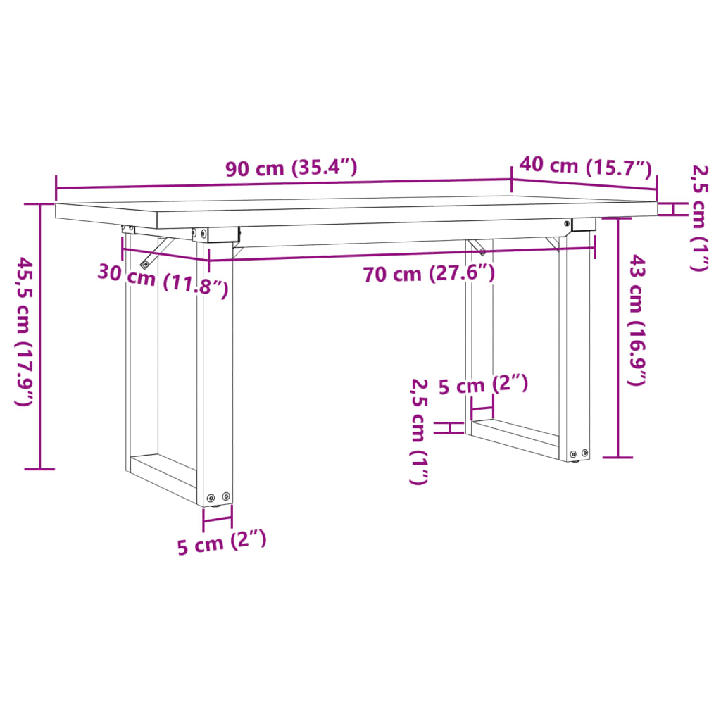 Salongbord Sofabord DIV. O-ramme 90x40x45,5 cm heltre furu og støpejern