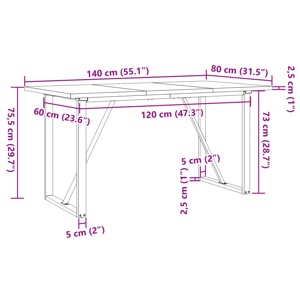Spisebord O-ramme 140x80x75,5 cm heltre furu og stål