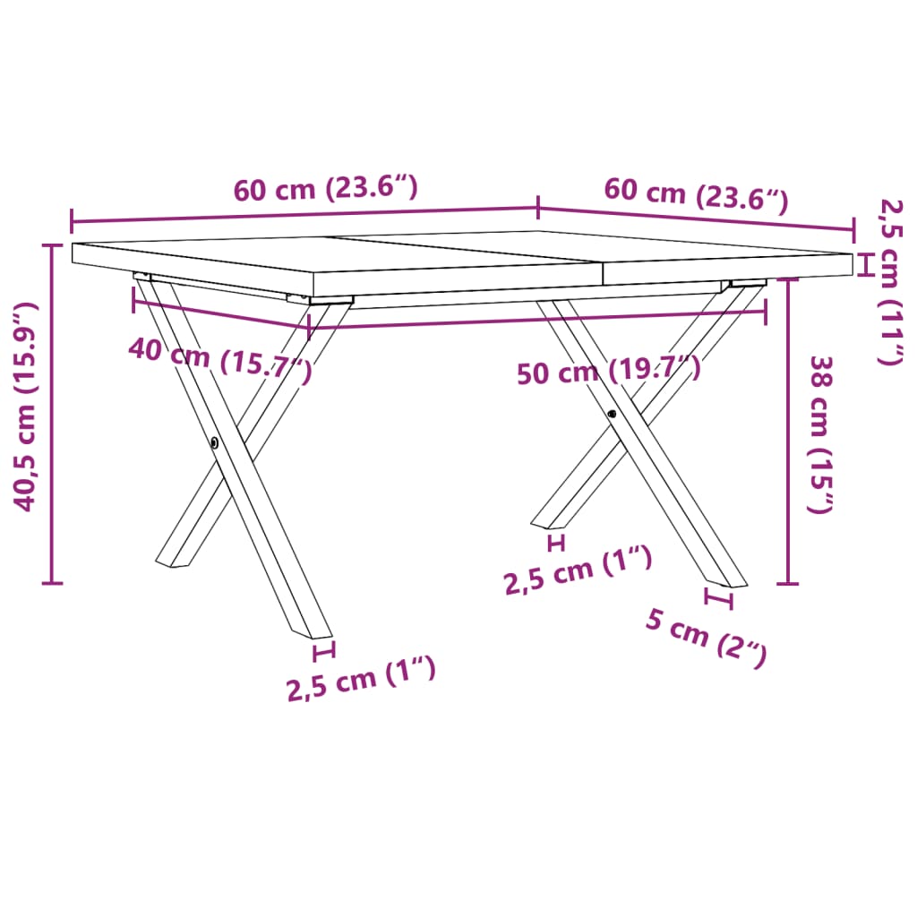 Salongbord Sofabord DIV. X-ramme 60x60x40,5 cm heltre furu og støpejern