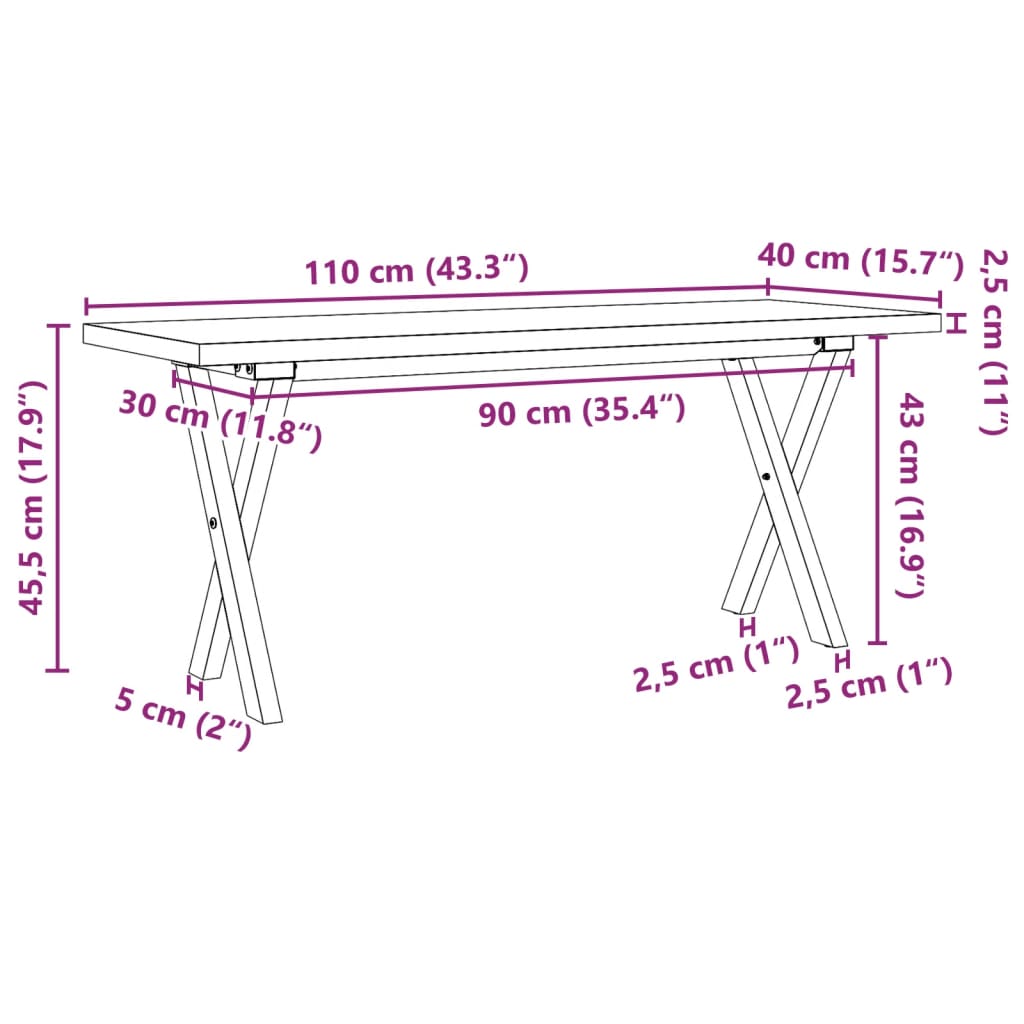 Salongbord Sofabord DIV. X-ramme 110x40x45,5 cm heltre furu og støpejern