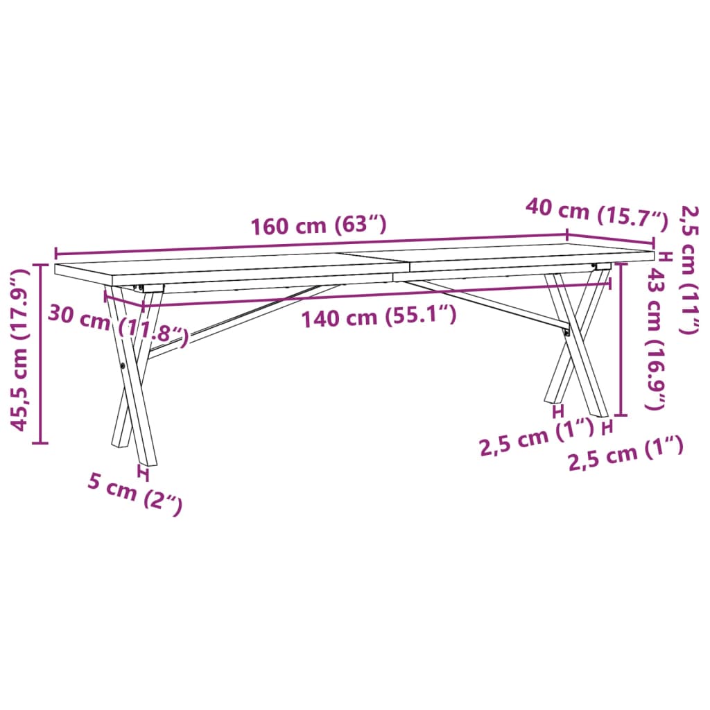 Salongbord Sofabord DIV. X-ramme 160x40x45,5 cm heltre furu og støpejern