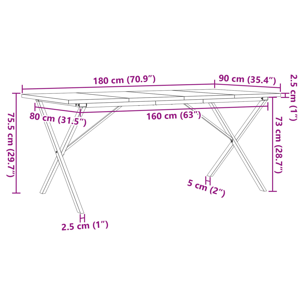 Spisebord Kjøkkenbord X-ramme 180x90x75,5 cm heltre furu og støpejern