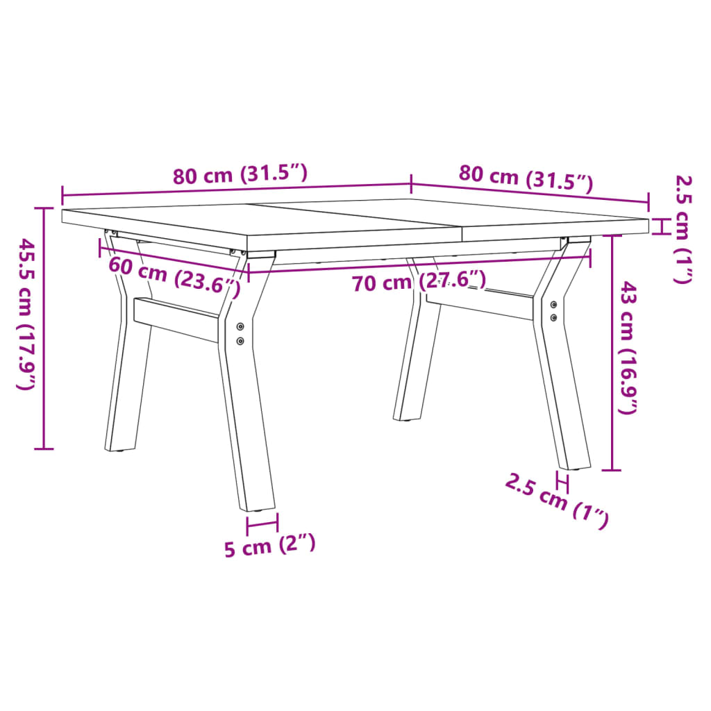 Salongbord Sofabord DIV. Y-ramme 80x80x45,5 cm heltre furu og støpejern
