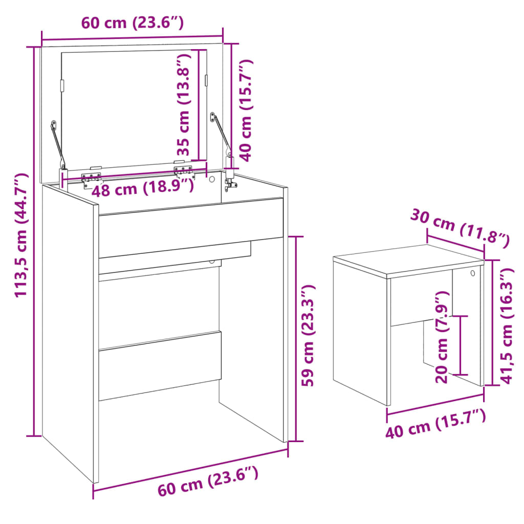 Sminkebord Betonggrå krakk 60x40x113,5 cm
