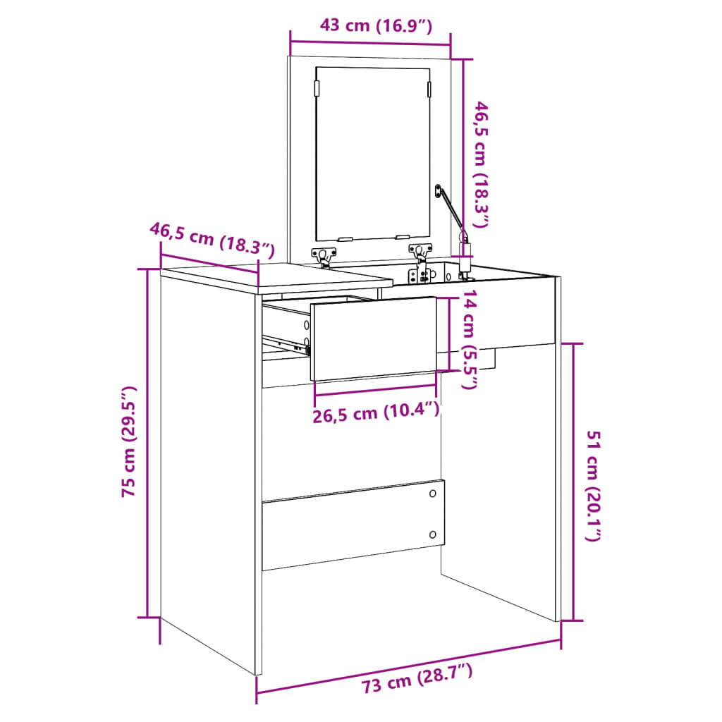 Sminkebord Svart speil 73x46,5x120 cm
