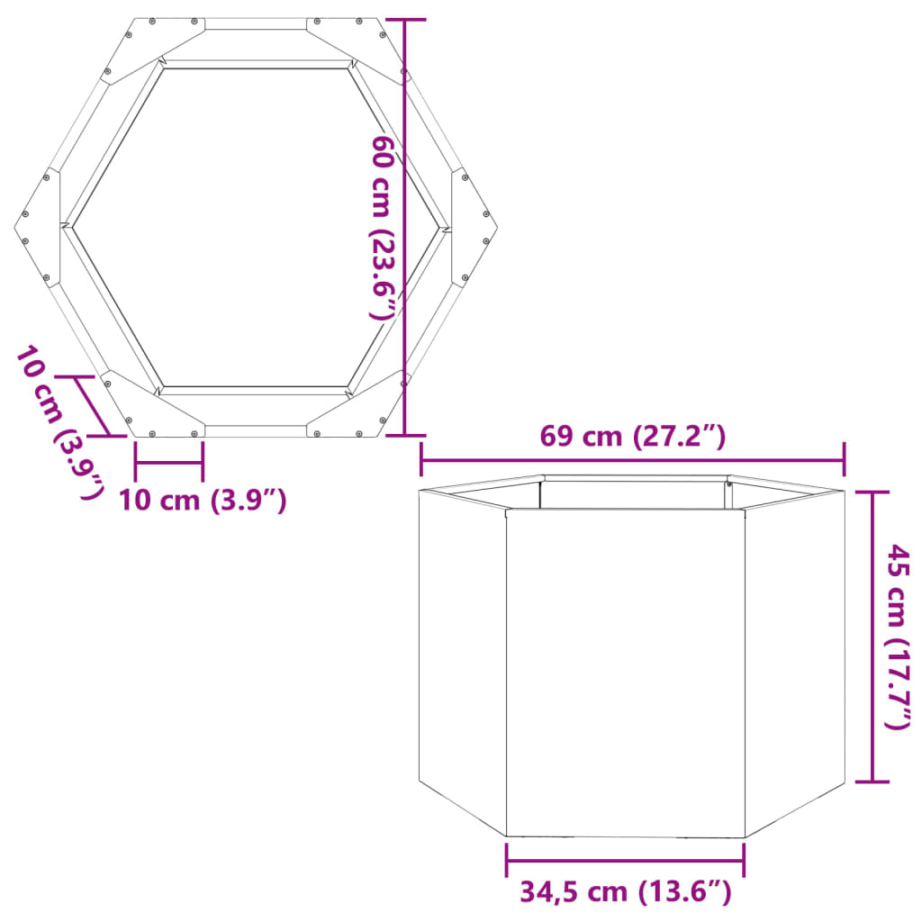 Utendørs Blomsterkasse Plantekasse Metall antrasitt sekskantet 69x60x45 cm stål