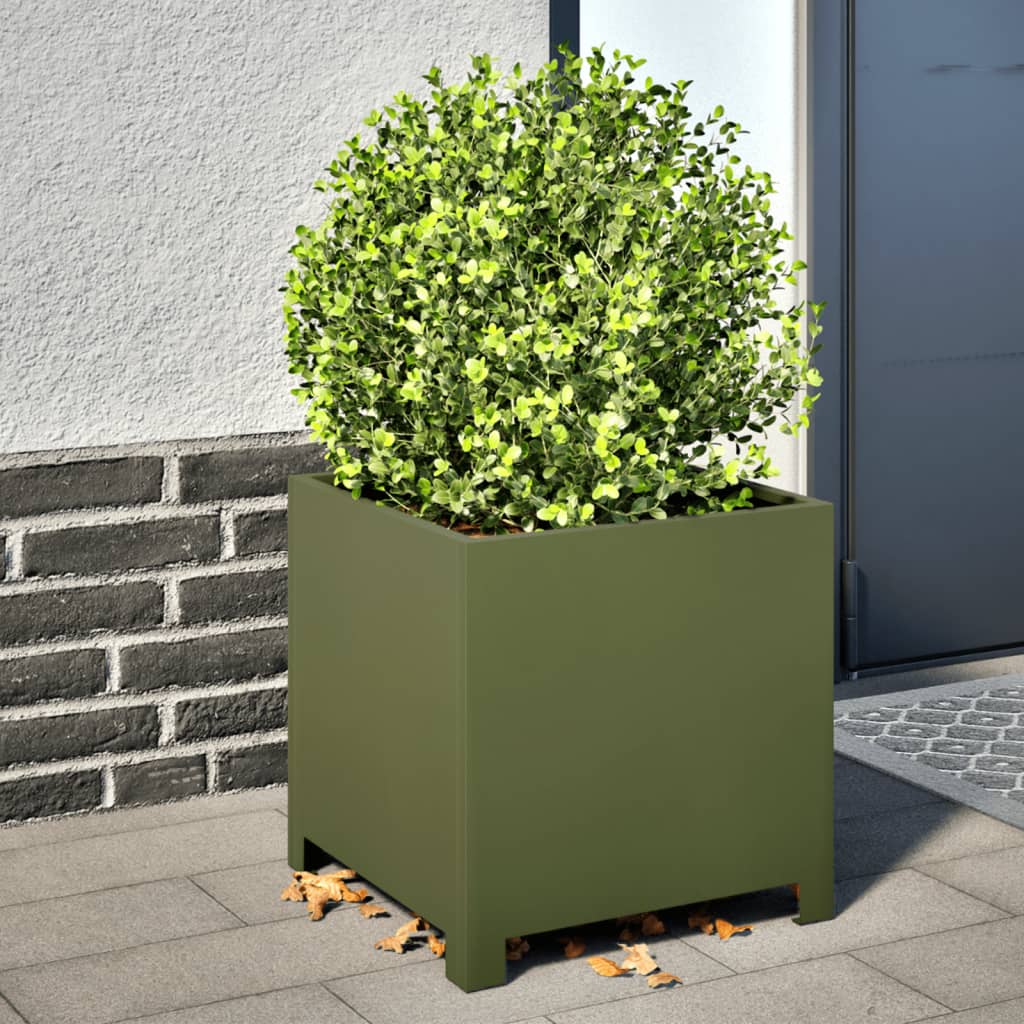 Utendørs Blomsterkasse Plantekasse Metall olivengrønn 40x40x40 cm stål