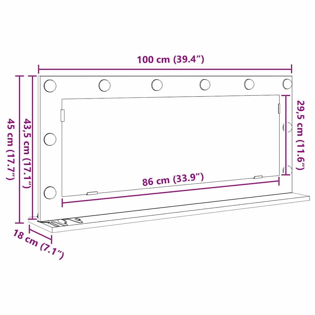 Sminkespeil med LED-lys Hvit 100x45x18 cm