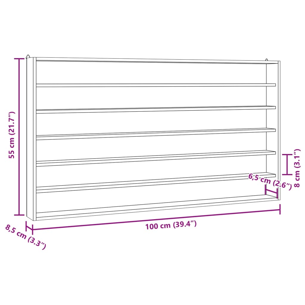 Vegghylle Tre samlermonter med 6 hyller 100x8,5x55 cm