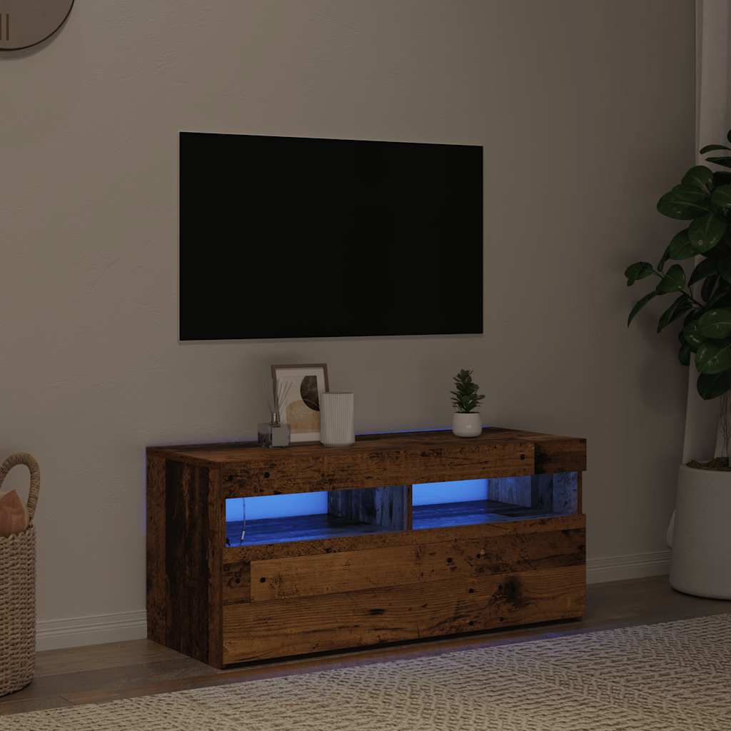 TV-benk med LED-lys gammelt tre 90x35x40 cm konstruert tre