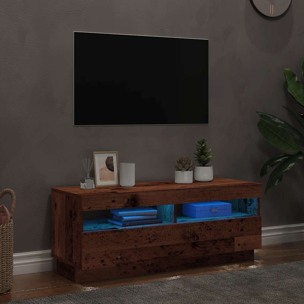 TV-benk med LED-lys gammelt tre 100x35x40 cm konstruert tre