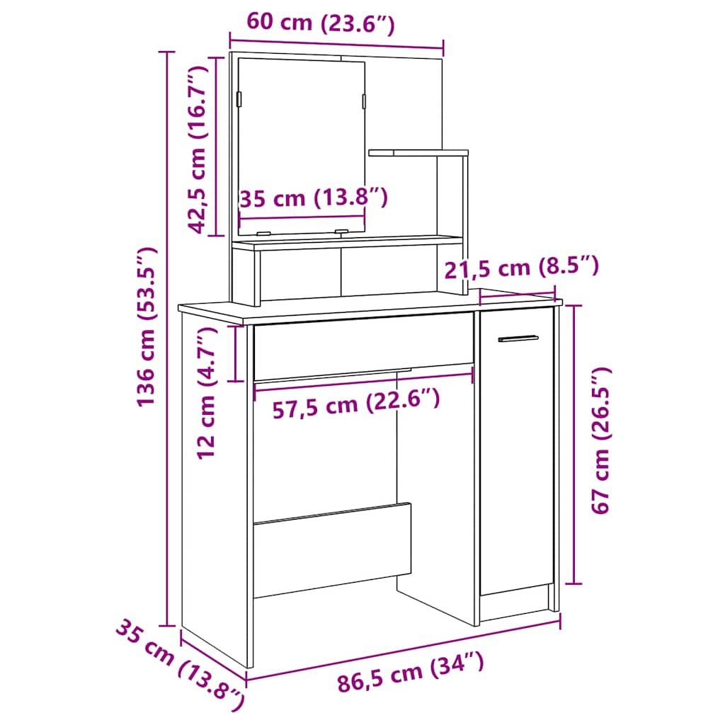 Sminkebord Gammelt Tre speil 86,5x35x136 cm