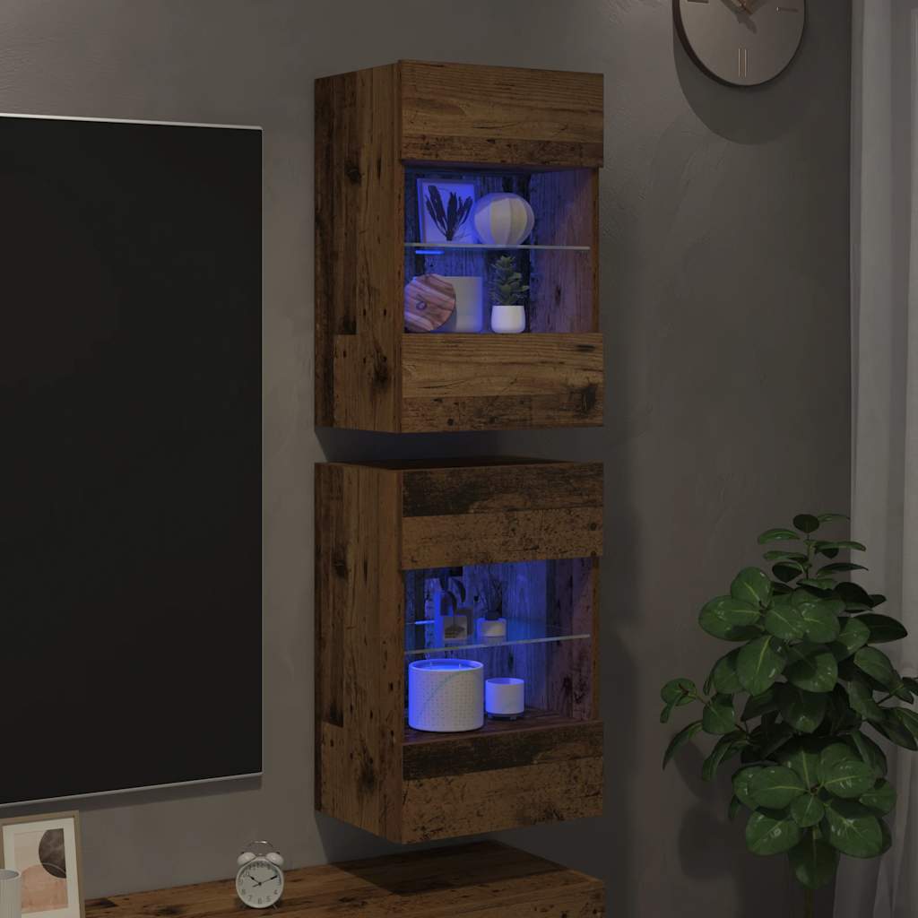 Vegghengte skap med LED-lys for TV 2 stk gammelt tre 40x30x60,5 cm