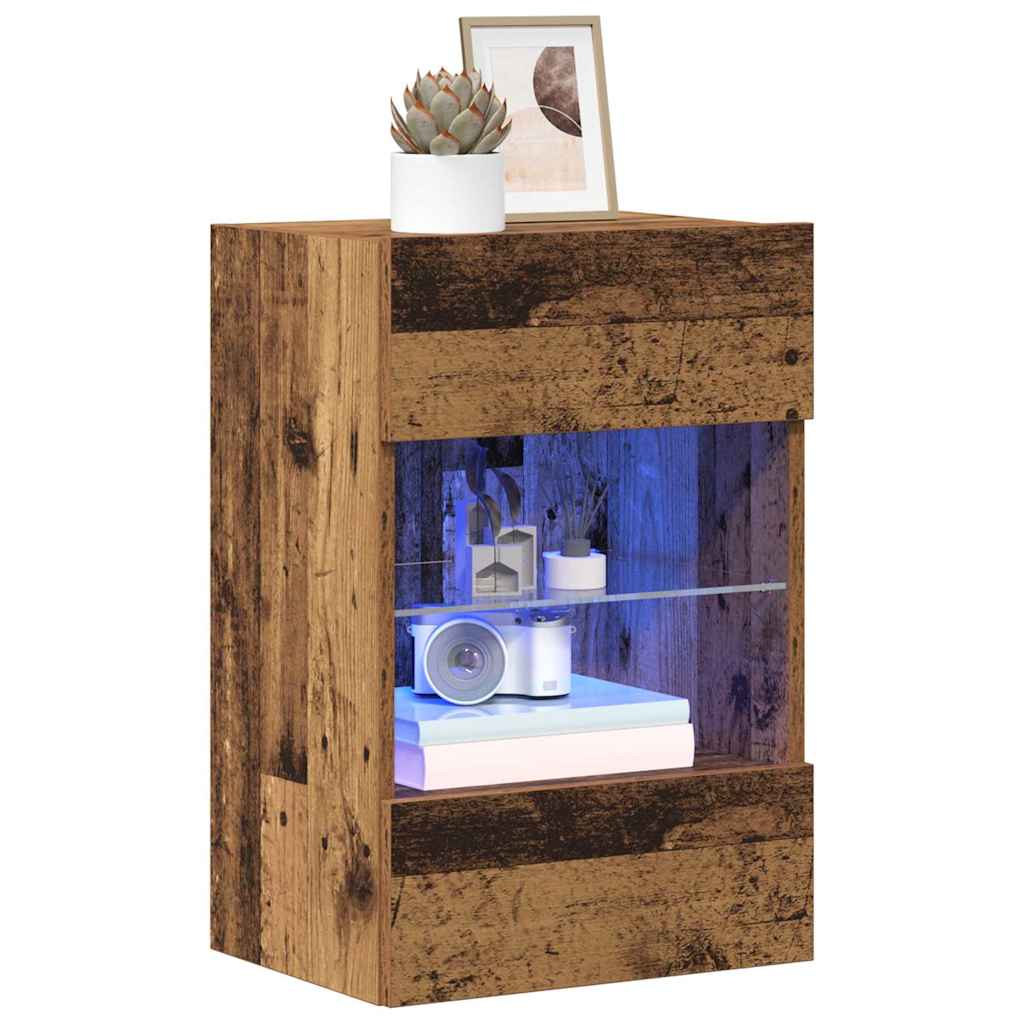 Vegghengte skap med LED-lys for TV 2 stk gammelt tre 40x30x60,5 cm