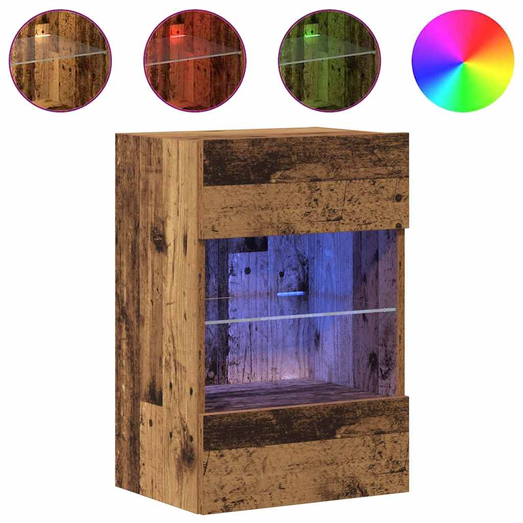 Vegghengte skap med LED-lys for TV 2 stk gammelt tre 40x30x60,5 cm