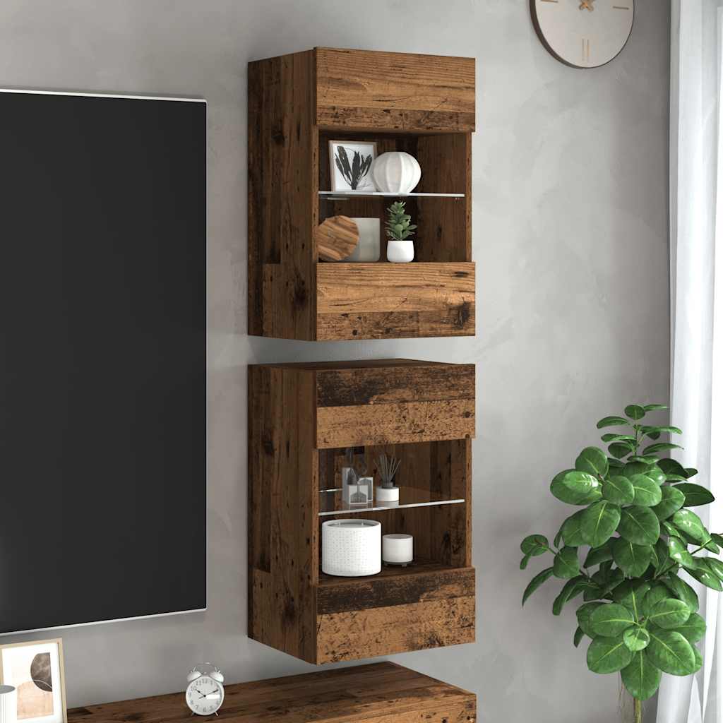 Vegghengte skap med LED-lys for TV 2 stk gammelt tre 40x30x60,5 cm