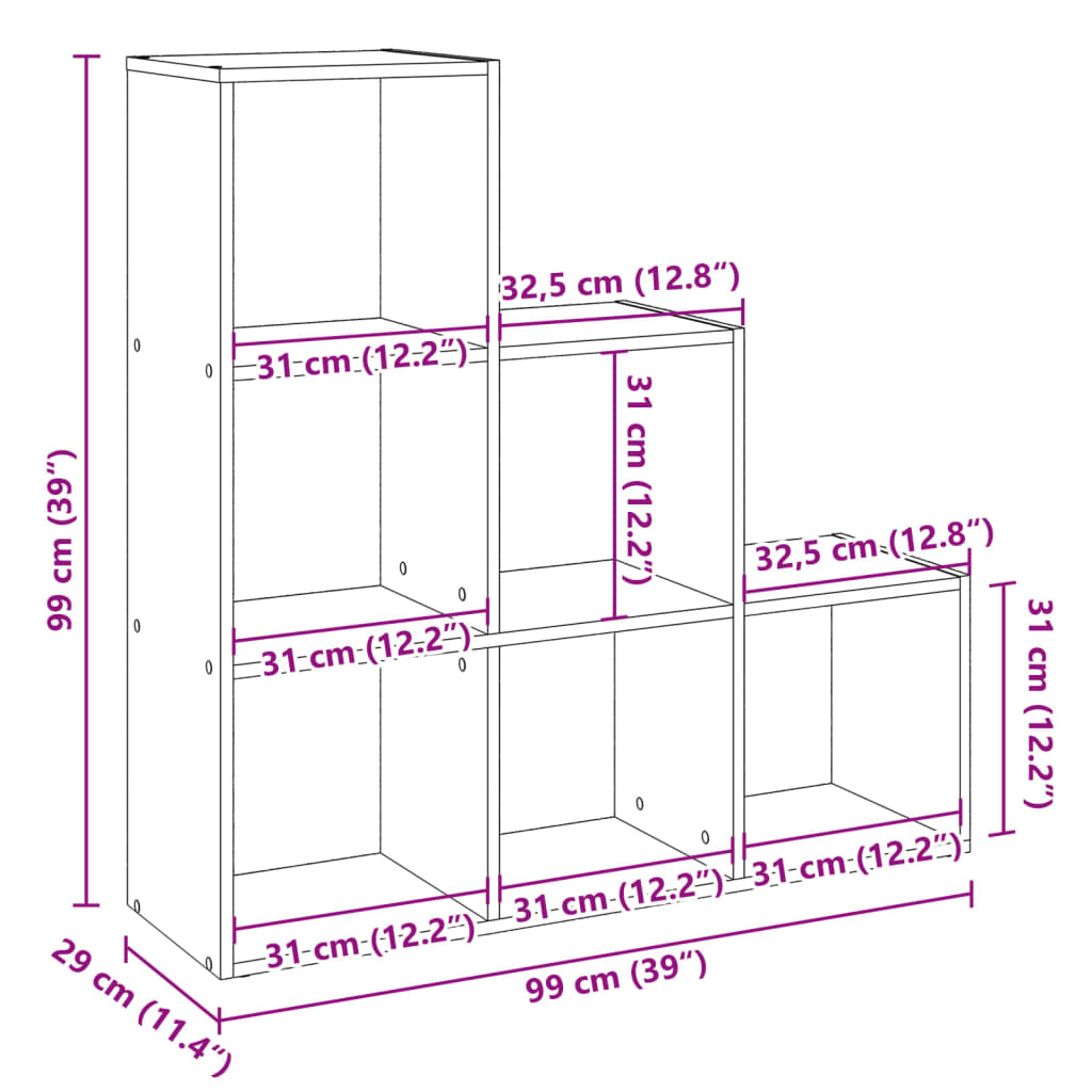 Romdeler bokhylle 3 lag artisan eik 99x29x99 cm konstruert tre