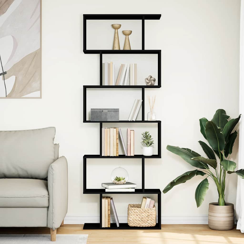 Romdeler bokhylle 6 etasjer svart 70x24x193 cm konstruert tre