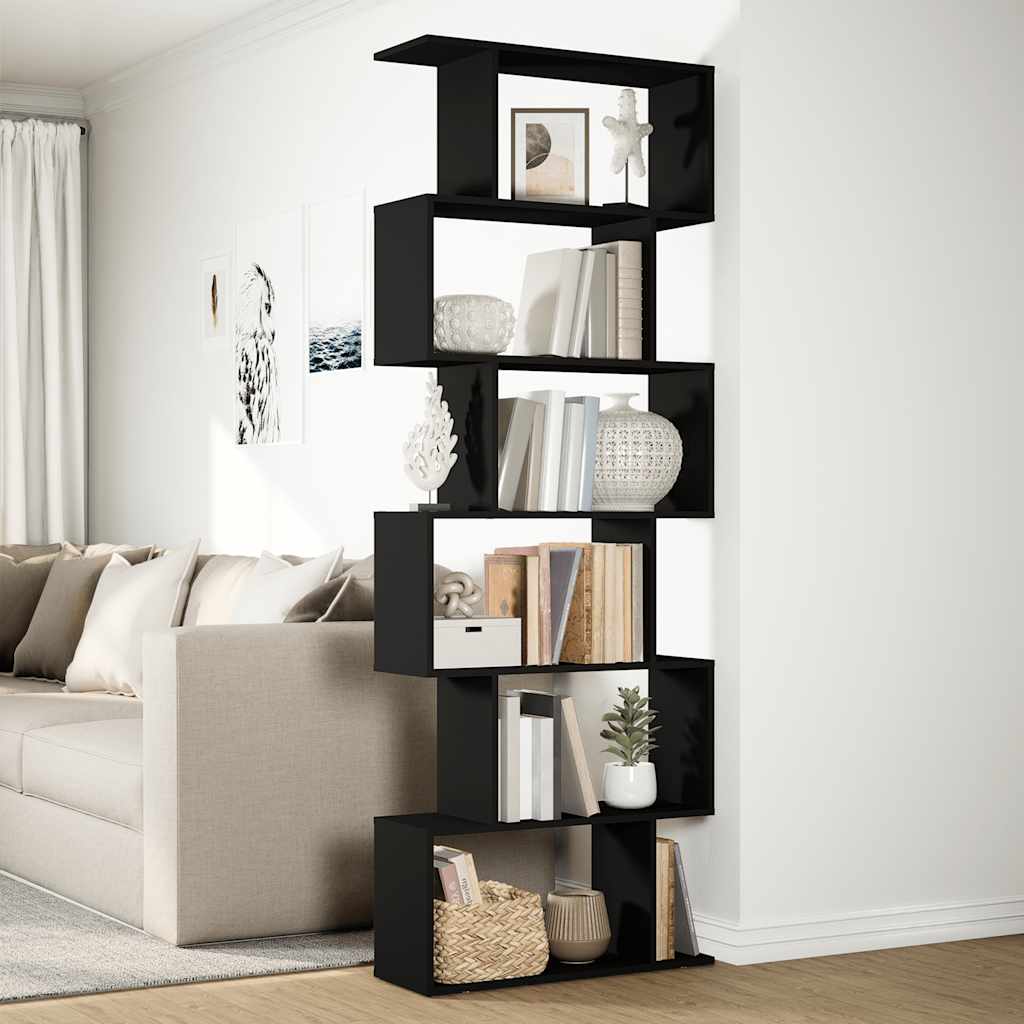 Romdeler bokhylle 6 etasjer svart 70x24x193 cm konstruert tre