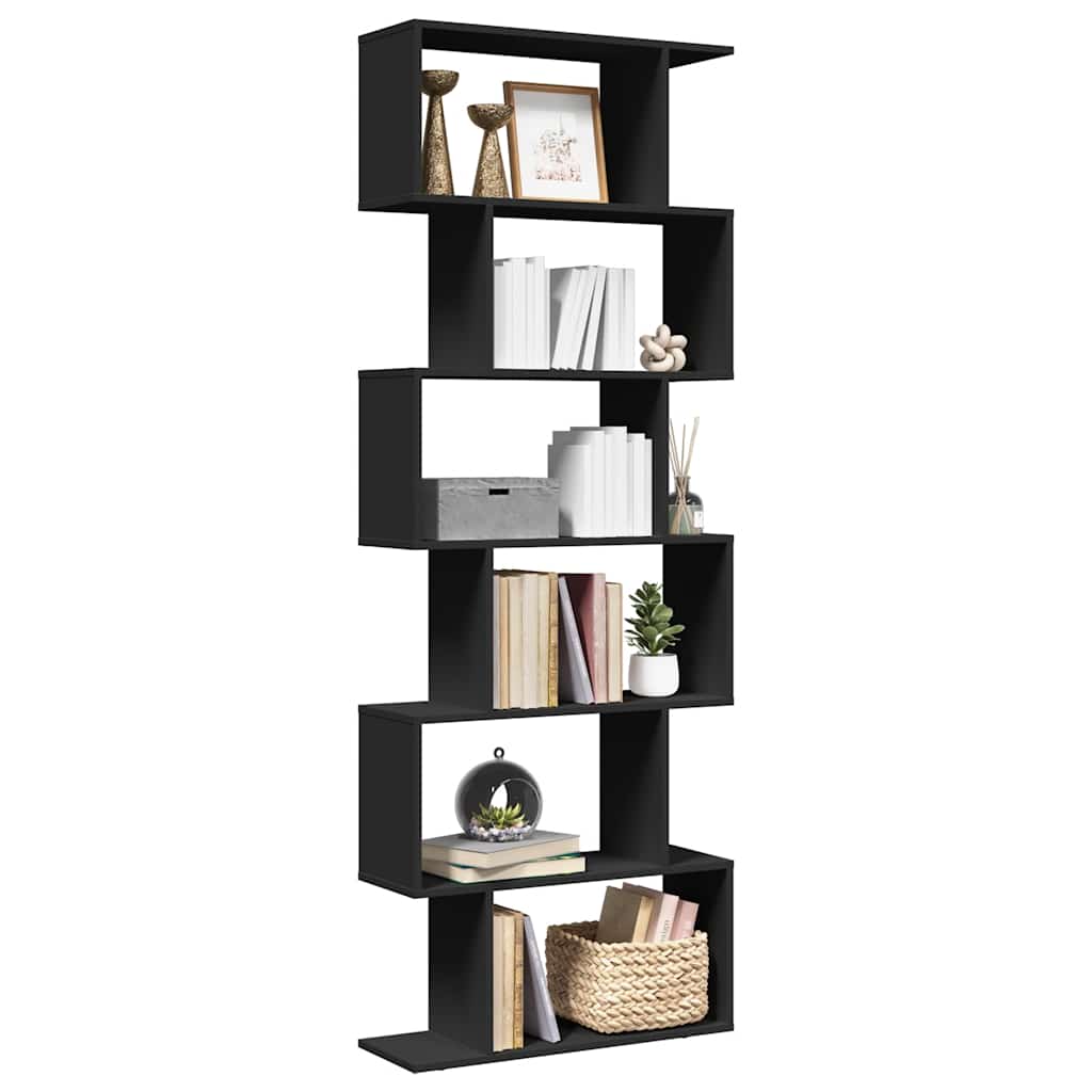 Romdeler bokhylle 6 etasjer svart 70x24x193 cm konstruert tre