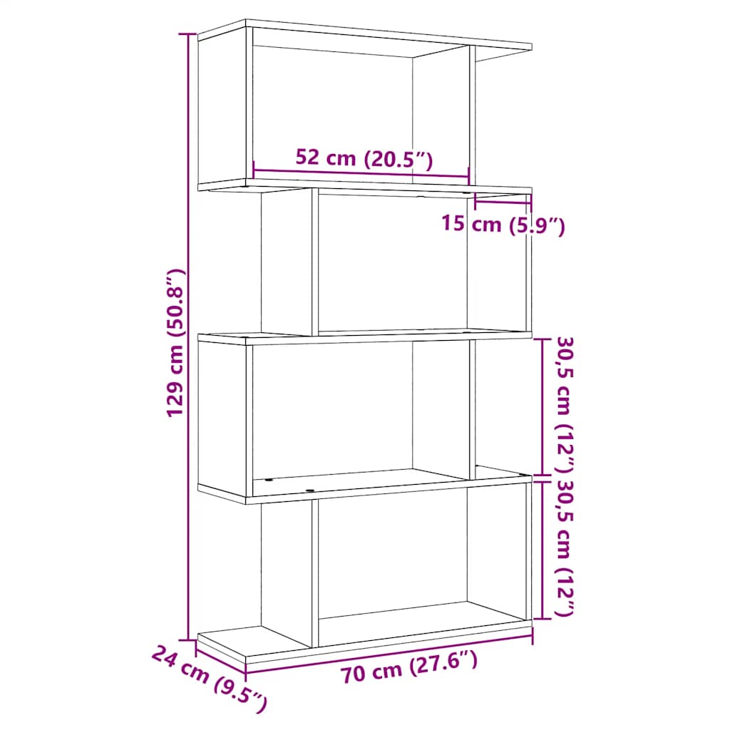 Romdeler bokhylle 4 lag artisan eik 70x24x129 cm konstruert tre