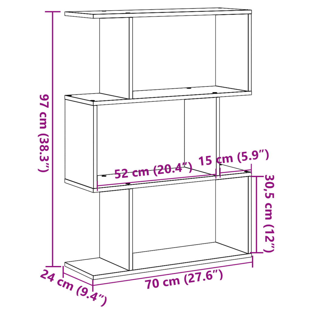 Romdeler bokhylle 3 lag røkt eik 70x24x97 cm konstruert tre