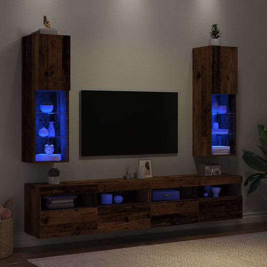 TV-Møbel Gammelt Tre Tv-benker med LED-lys 2 stk 30,5x30x102 cm