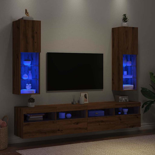 TV-Møbel Artisan Eik Tv-benker med LED-lys 2 stk 30,5x30x102 cm