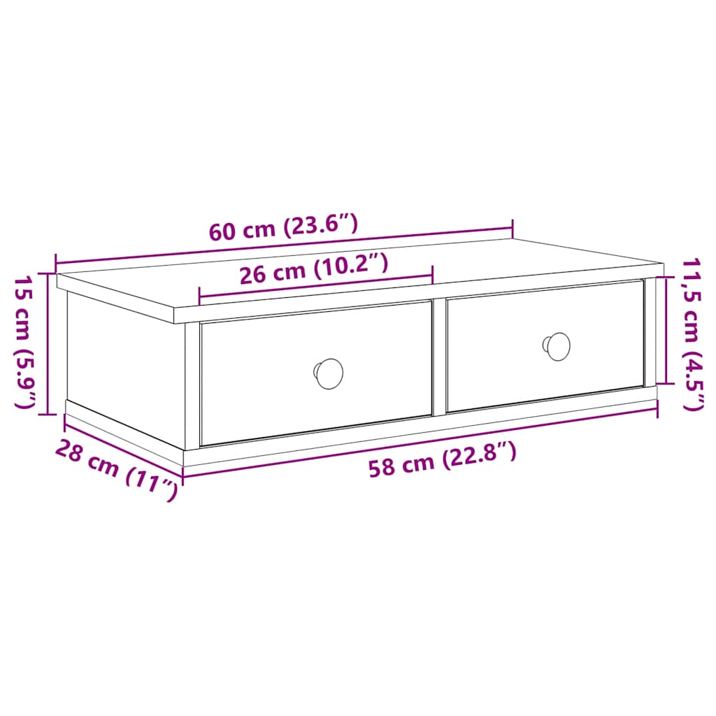 Vegghylle Hvit med skuffer 60x25x15 cm