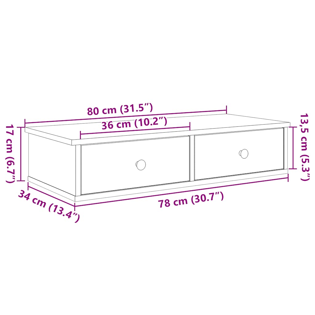 Vegghylle Hvit med skuffer 80x31x17 cm