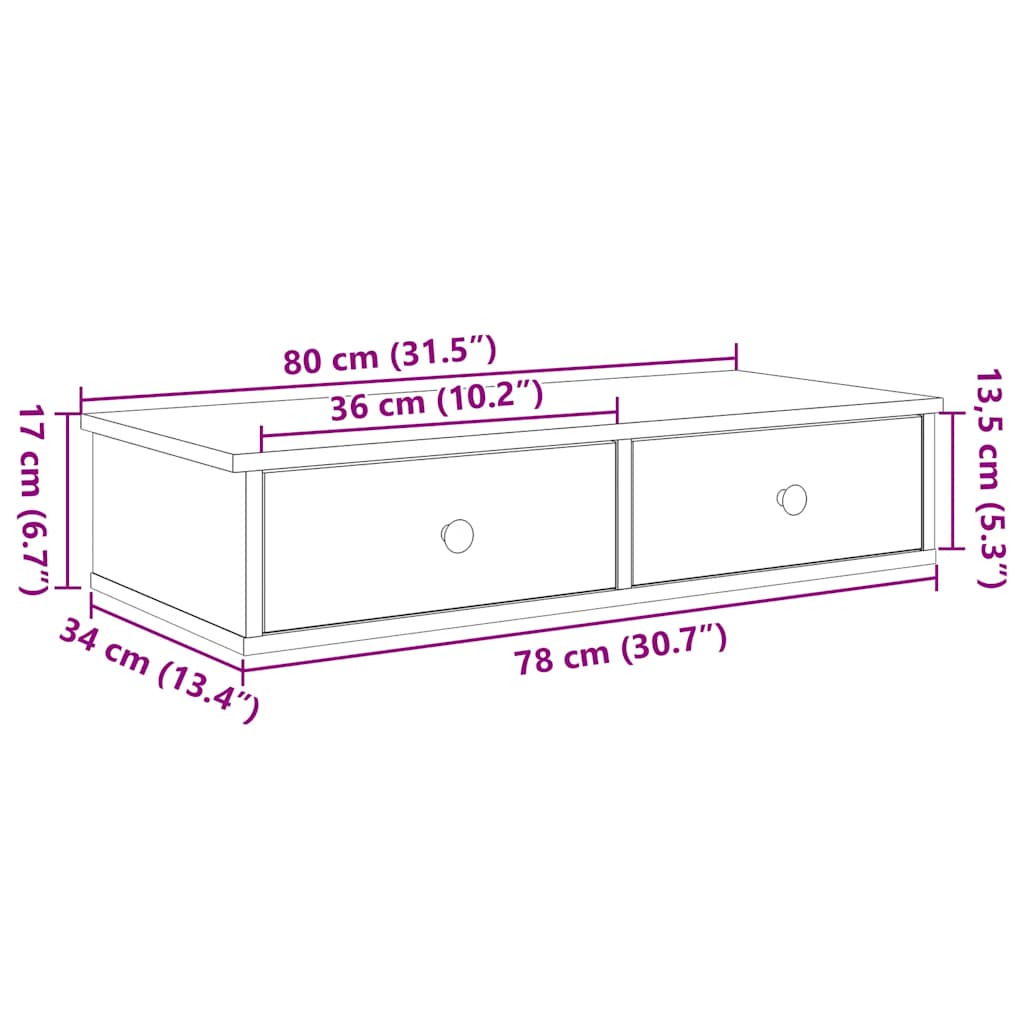 Vegghylle Svart med skuffer 80x31x17 cm