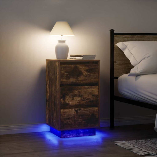 Nattbord Sengbord Røkt Eik med LED-lys 38x34x65 cm