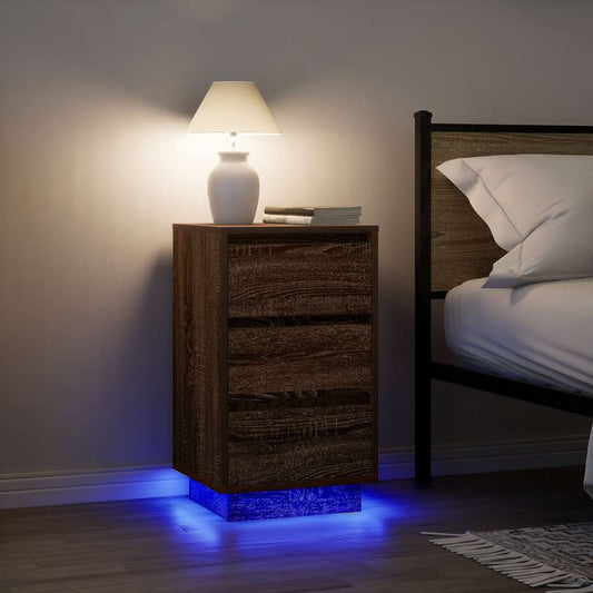 Nattbord Sengbord Brun Eik med LED-lys 38x34x65 cm