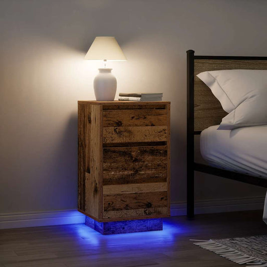 Nattbord Sengbord Gammelt Tre med LED-lys 38x34x65 cm