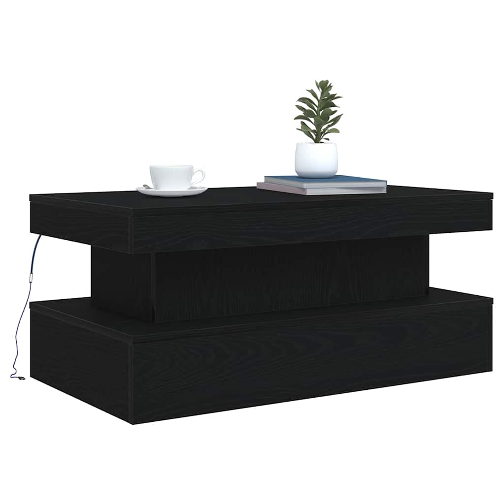 Salongbord Sofabord Svart med LED-lys Eik 90x50x40 cm