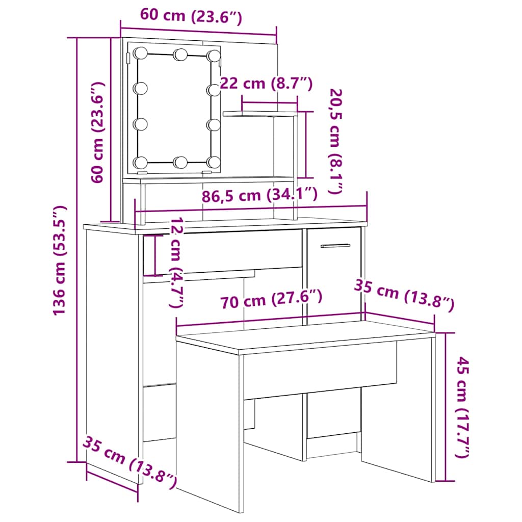 Sminkebord Gammelt Tre Sett LED
