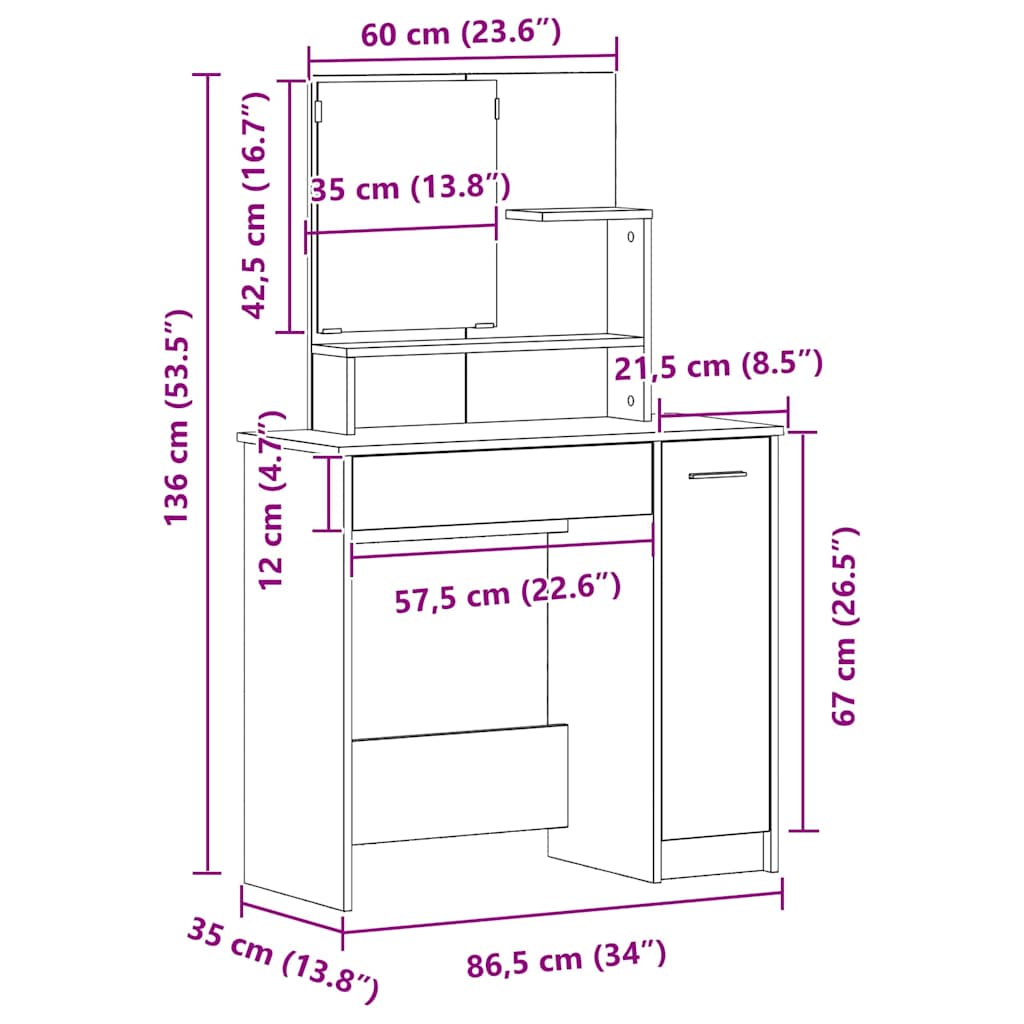 Sminkebord Svart Eik Speil 86,5 x 35 x 136 cm