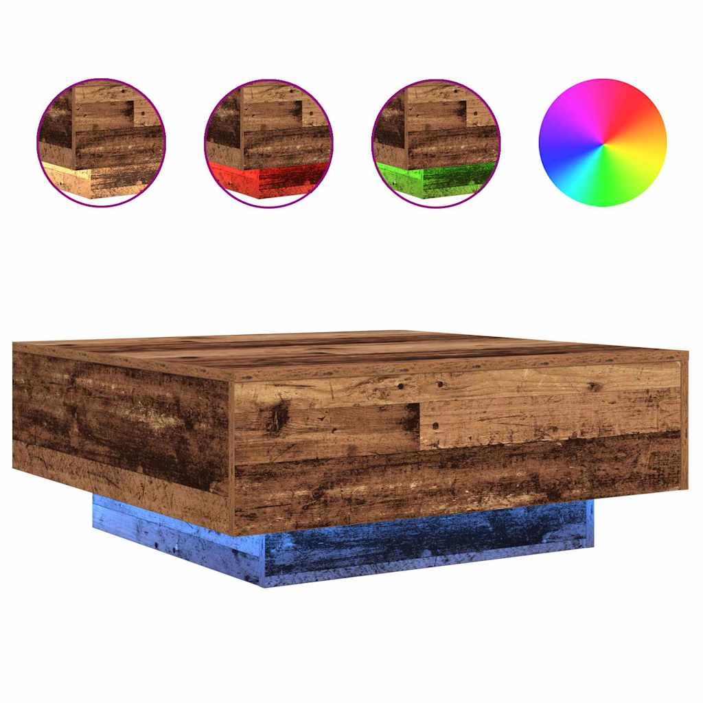 Salongbord Sofabord Tre med LED-lamper Gammelt Tre 80x80x31 cm