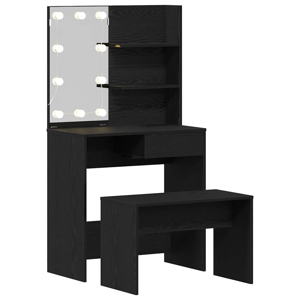 LED Sminkebordsett med speillys 2 pcs Svart Eik Konstruert tre