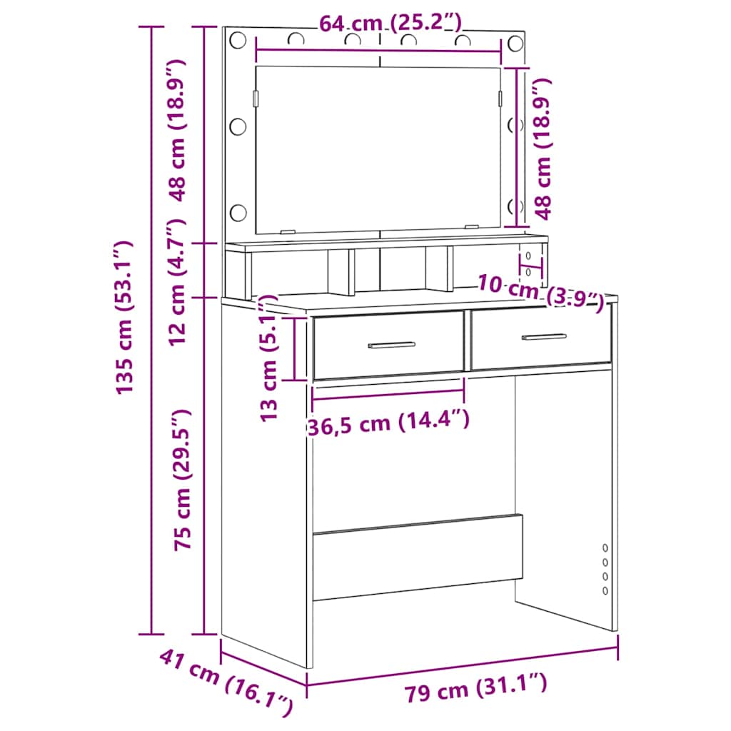 Sminkebord Artisan Eik LED 79x41x135 cm
