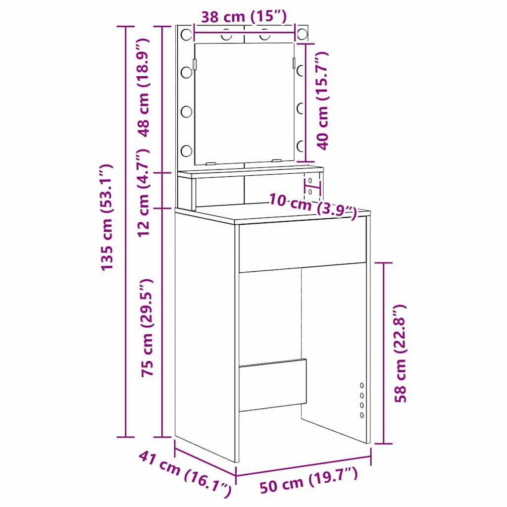 Sminkebord Artisan Eik LED 50x41x135 cm