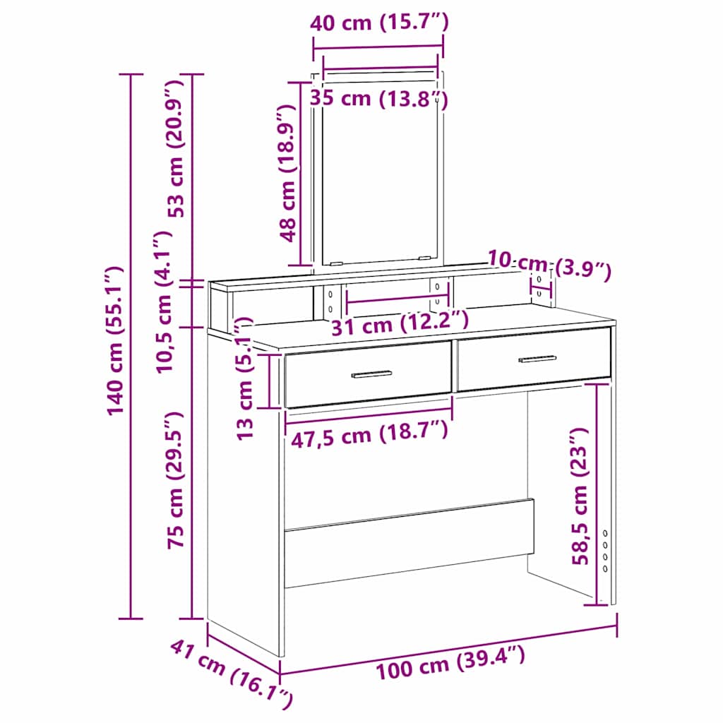 Sminkebord Gammelt Tre skuffer 100x41x140 cm