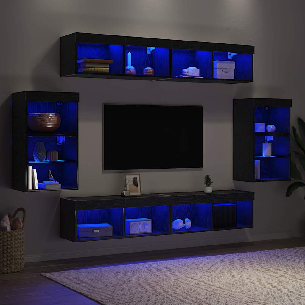 TV-benksett med LED -stripelys 8 pcs Svart eik Konstruert tre