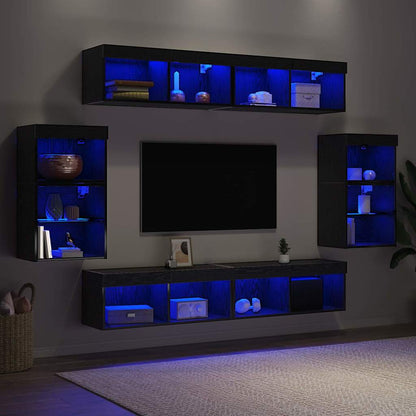 TV-benksett med LED -stripelys 8 pcs Svart eik Konstruert tre