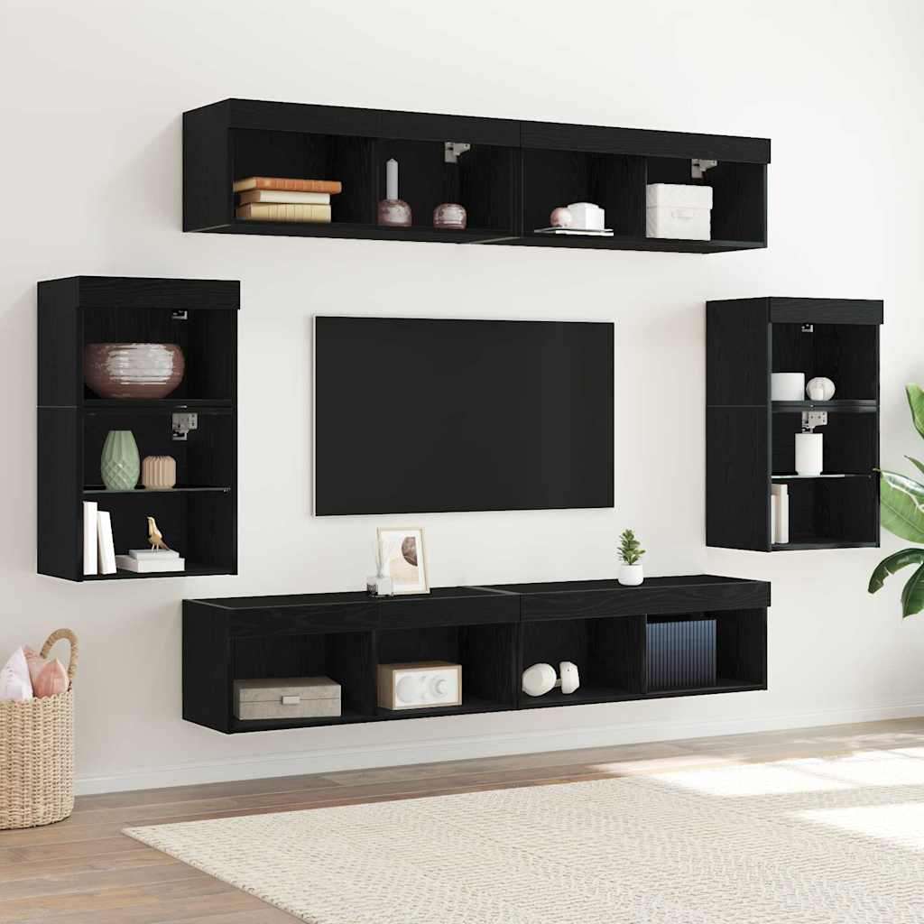 TV-benksett med LED -stripelys 8 pcs Svart eik Konstruert tre